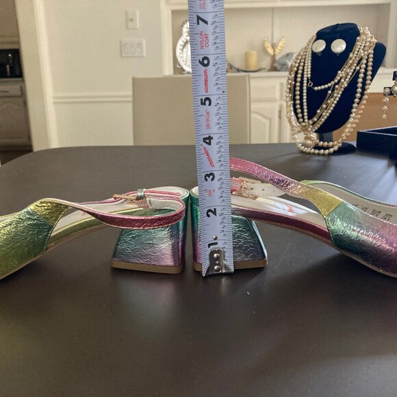 Franco Sarto Racer Slingback Block Heel Sz 7.5M Metallic Pink Blue Green Rainbow - Picture 7 of 16